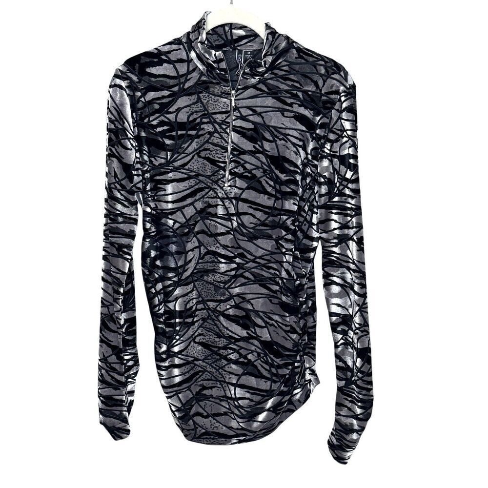 Sno Skins Pullover Womens Medium Gray Black Abstract Velvet Long Sleeve Top USA